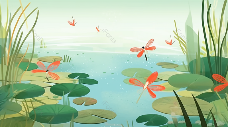 绿色盛夏的季荷叶荷花蜻蜓插画背景,插画/手绘图,插画/手绘图库,插画/手绘图下载,插画/手绘